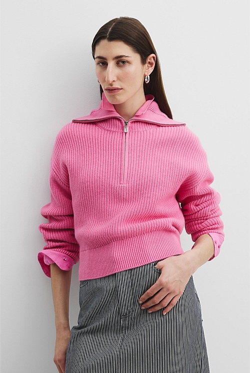 Pink Punch Organically Grown Cotton Blend Zip Neck Rib Knit 