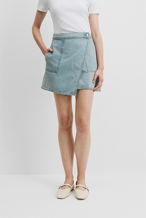 Aged Soft Wash Denim Wrap Mini Skirt Natural Fibres Country Road