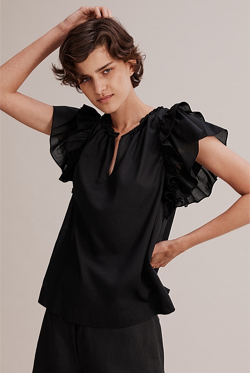 Black Ruffle Sleeve Popover - Shirts | Country Road