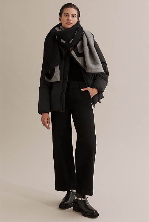 Black Recycled Nylon Large Collar Puffer Organically Grown or Recycled Country Road