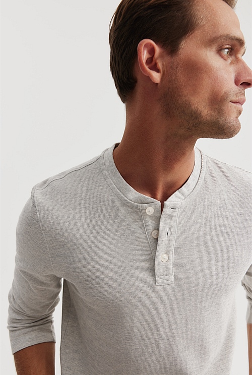 Light Grey Marle Australian Cotton Long Sleeve Waffle Henley - T