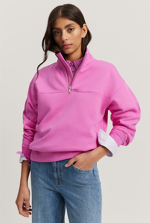 Floss Pink Australian Cotton Zip Collar Sweat Natural Fibres Country Road