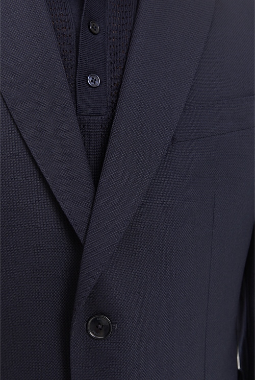 Navy Regular Fit Textured Wool Stretch Blazer - Blazers