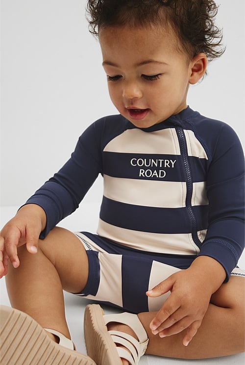 Navy Shell Stripe Recycled Nylon Blend CR Logo Swimsuit Swimwear Country Road